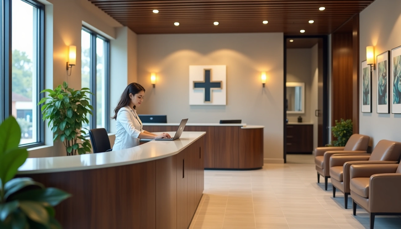 Modern clinic reception with a woman working on a laptop, cozy seating, and medical cross on the wall in Ahmednagar.