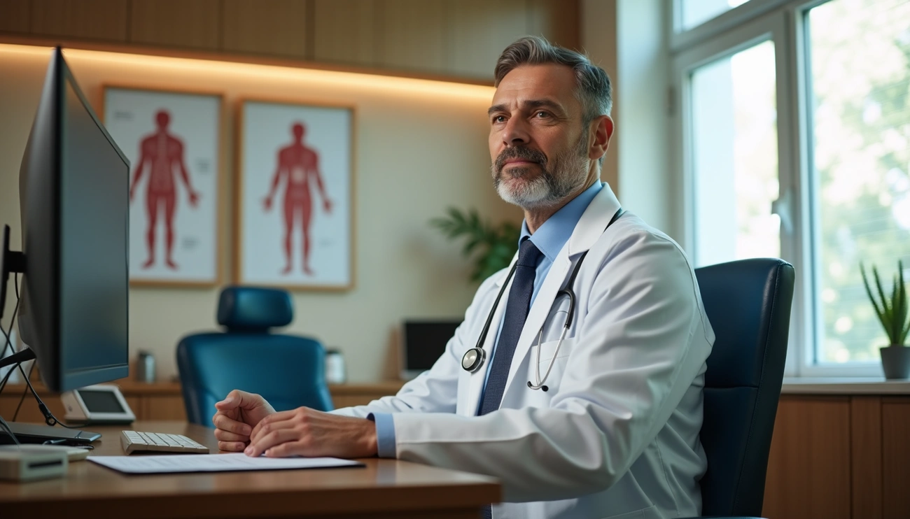 Male doctor in a white coat with a stethoscope sitting in a modern clinic office with anatomical charts behind.