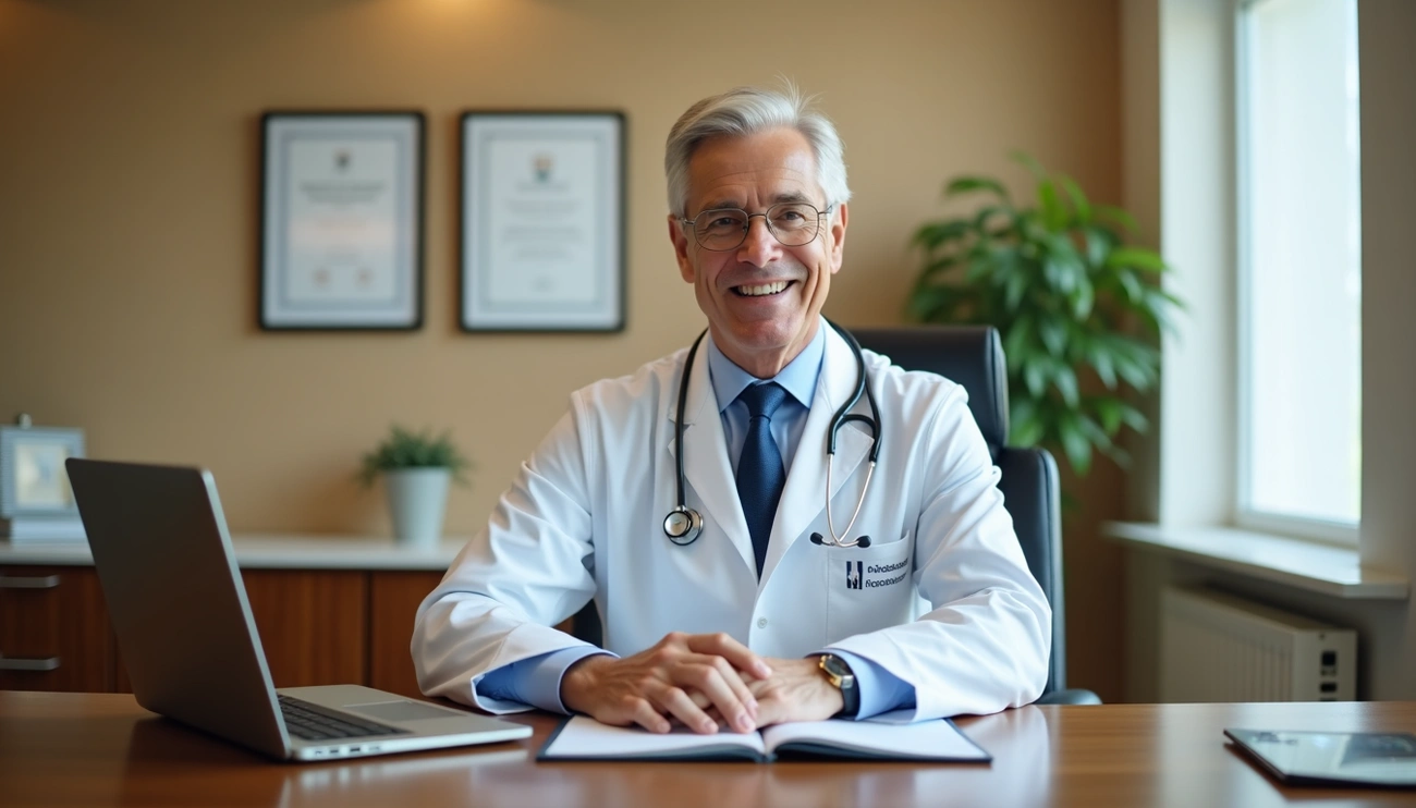 Experienced male doctor in white coat with stethoscope sitting at desk in a well-lit modern office.