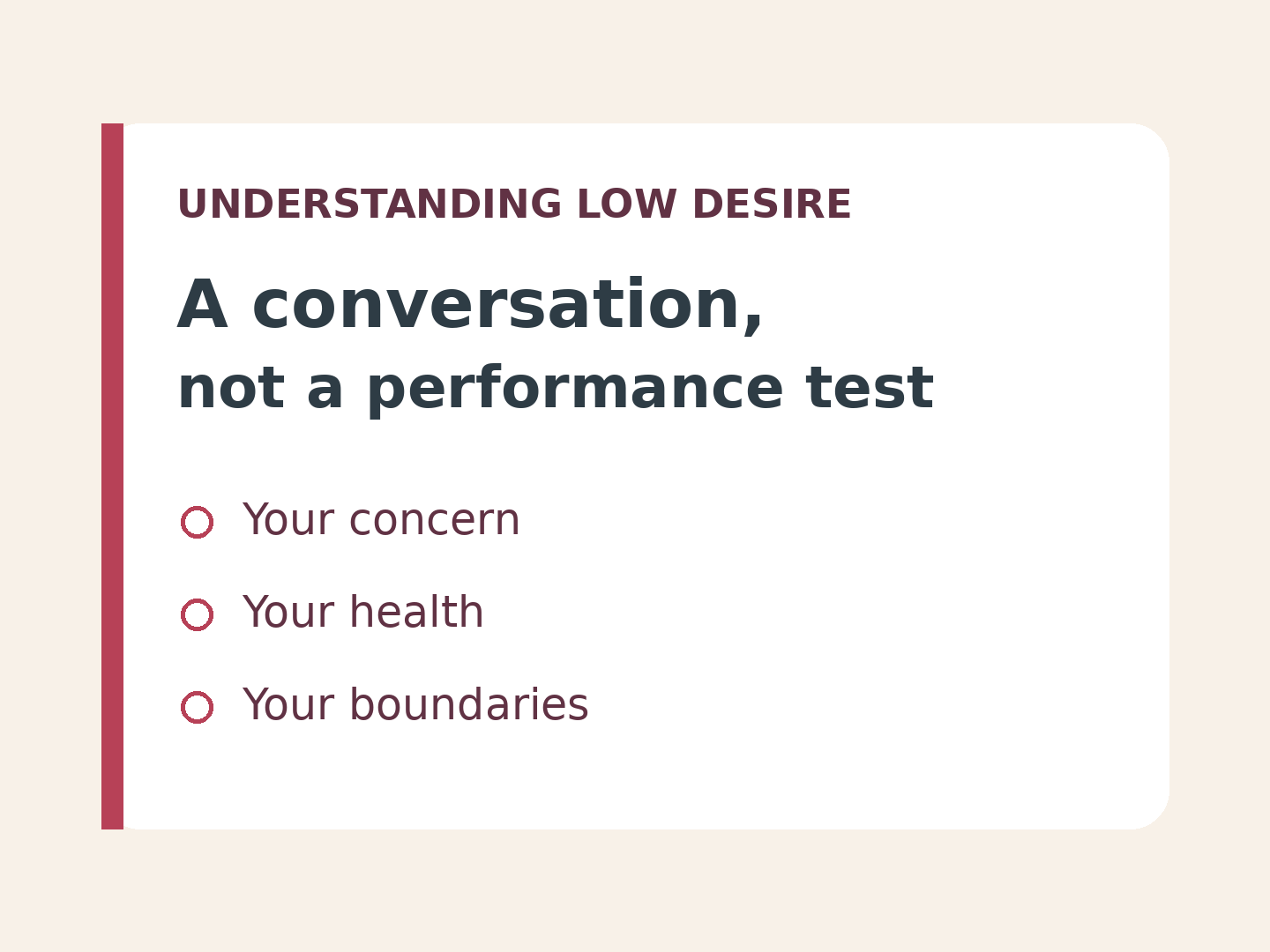 Illustrative conversation card: understanding low desire, your concern, your health and your boundaries.